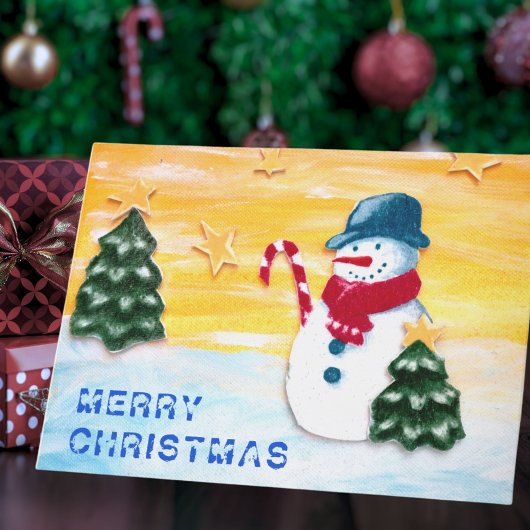 Niedlicher Schneemann und Weihnachtsbaum Feiertagskarte