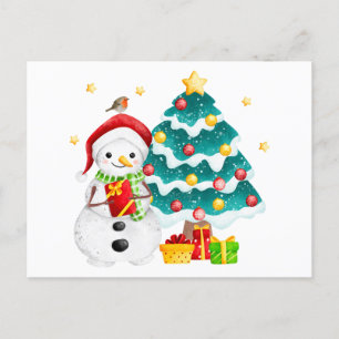 Niedlicher Schneemann und Weihnachtsbaum Feiertagspostkarte