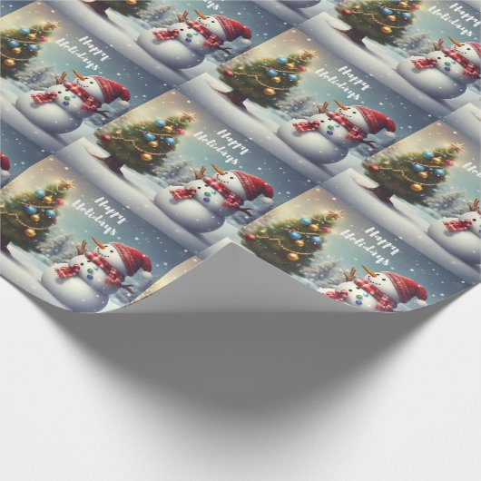 Niedlicher Schneemann und Weihnachtsbaum Geschenkpapier (Ecke)
