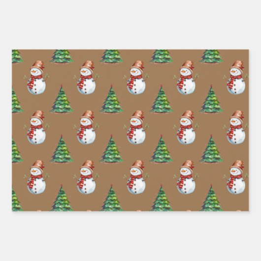 Niedlicher Schneemann und Weihnachtsbaum Wasserfar Geschenkpapier Set (Vorderseite 3)