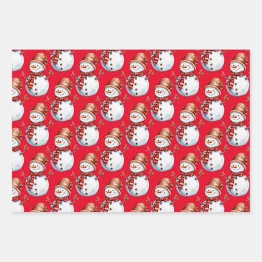 Niedlicher Schneemann und Weihnachtsbaum Wasserfar Geschenkpapier Set (Vorderseite)