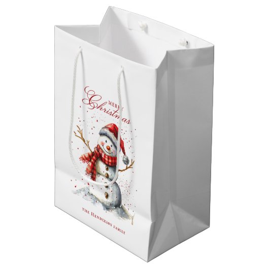 Niedlicher Schneemann und Winter-Individuelle Name Mittlere Geschenktüte (Vorderseite Schrägansicht)