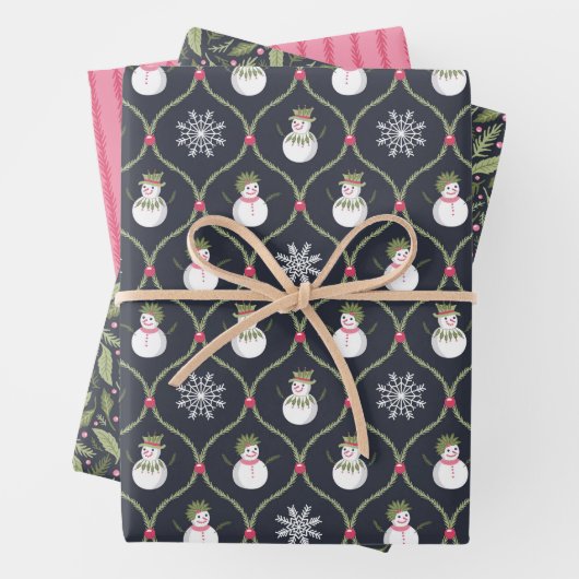 Niedlicher Schneemann verlasse Beeren Schneeflocke Geschenkpapier Set (Beispiel)