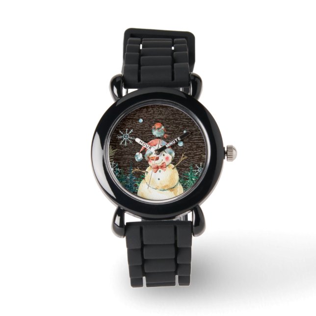 Niedlicher Schneemann & Waldtiere Weihnachten Nied Armbanduhr (Vorderseite)