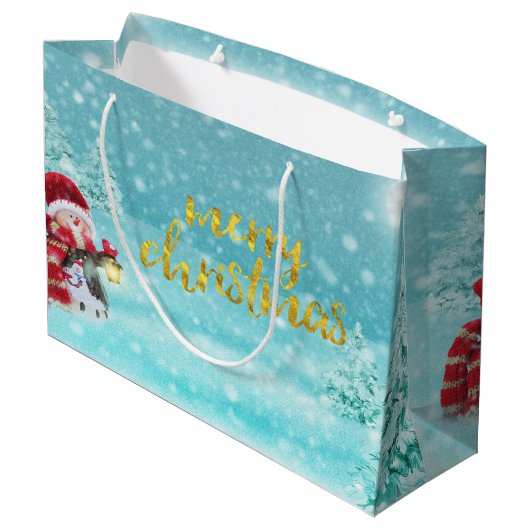 Niedlicher Schneemann, Weihnachtshut, Pine Trees U Große Geschenktüte (Rückseite Schrägansicht)