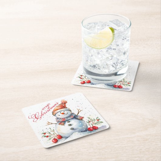 Niedlicher Schneemann Winter Wasserfarbe Frohe Wei Rechteckiger Pappuntersetzer (Vor Ort)