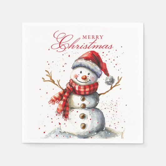 Niedlicher Schneemann Winter Wasserfarbe Frohe Wei Serviette (Vorderseite)