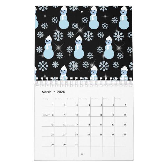 Niedlicher Schneemann Winterschneeflocken Glitzern Kalender (Mär 2026)