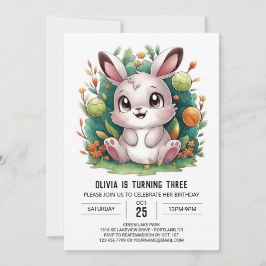 Niedlicher schöner Bunny Digital Geburtstag Einladung (Vorderseite)