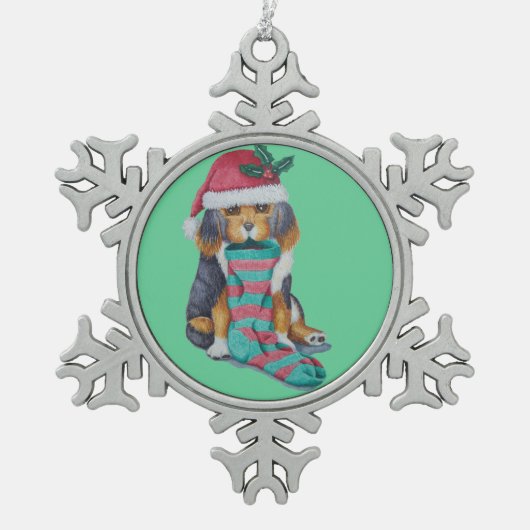 niedlicher, schwarz-brauner Welpe, zu Weihnachten Schneeflocken Zinn-Ornament (Vorderseite)