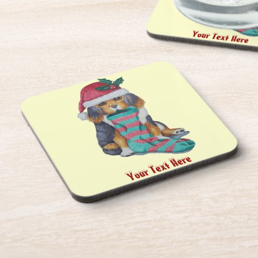 niedlicher, schwarz-brauner Welpe, zu Weihnachten  Untersetzer (Linke Seite)