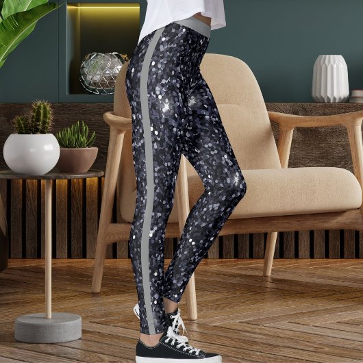 Niedlicher Schwarz-Grau-Sparkle-Glitzer-Muster Str Leggings