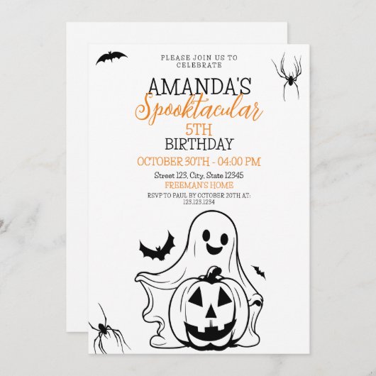 Niedlicher Schwarz-Weiß-Spooky Ghost Pumpkin Gebur Einladung (Vorne/Hinten)