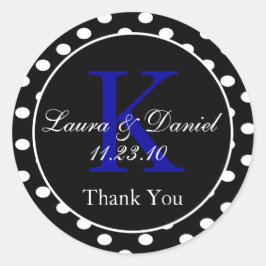 Niedlicher Schwarz-weißer Blue Polka Dots Monogram Runder Aufkleber