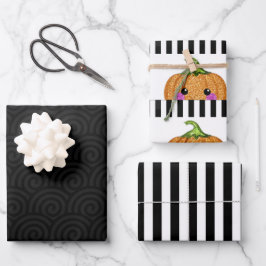 Niedlicher Schwarz-weißer Glitzer Orange Pumpkin H Geschenkpapier Set