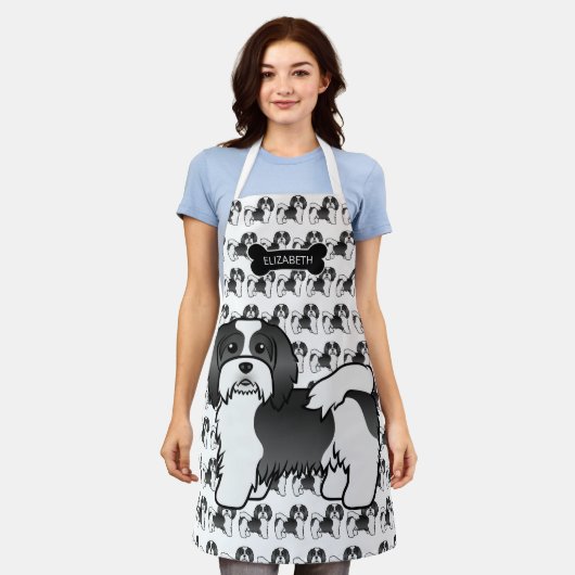 Niedlicher schwarz-weißer Havanese Cartoon Dog & N Schürze (Getragen)