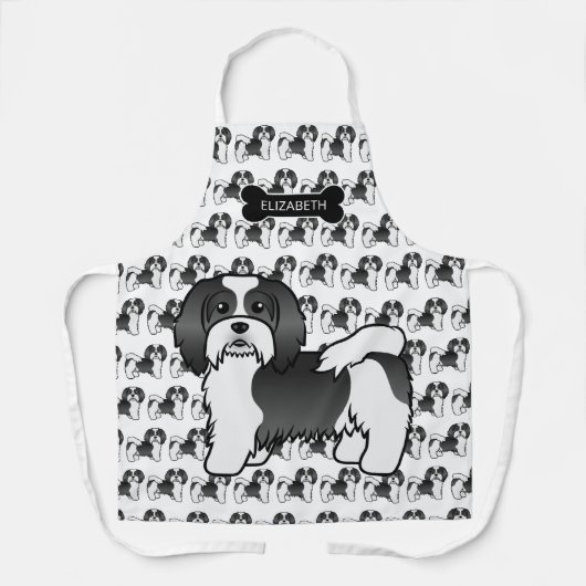Niedlicher schwarz-weißer Havanese Cartoon Dog & N Schürze (Vorderseite)