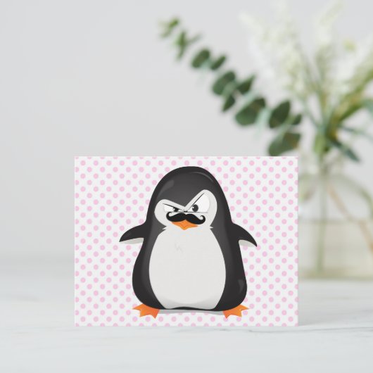 Niedlicher Schwarz-weißer Pinguin und Funny Mustac Postkarte (Stehend Vorderseite)