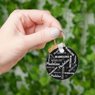 Niedlicher Schwarz-weißer Word Art Cloud-Herzname  Schlüsselanhänger