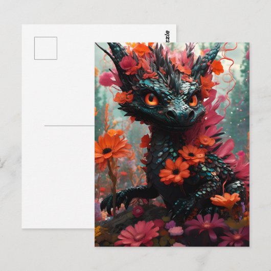 Niedlicher Schwarzer Blumendrache Postkarte (Vorne/Hinten)