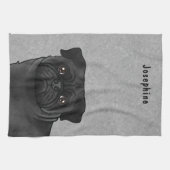 Niedlicher Schwarzer Cartoon Mops Kopf Nah-up und Geschirrtuch (Horizontal)