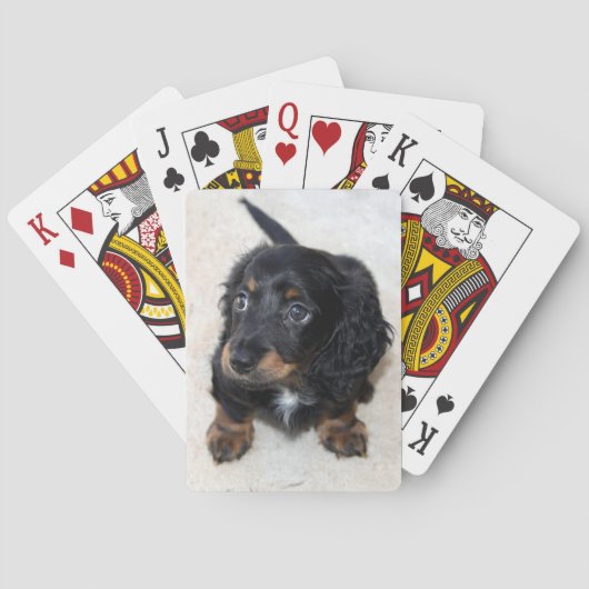 Niedlicher schwarzer Dackel Welpenhund Spielkarten (Rückseite)