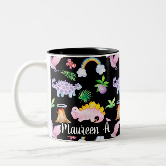 Niedlicher Schwarzer Dinosaurier Regenbogen Wasser Zweifarbige Tasse (Links)