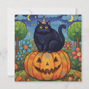 Niedlicher Schwarzer Halloween Cat und Kürbis Feiertagskarte
