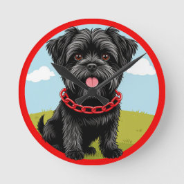 Niedlicher schwarzer Hund mit rotem Kollar im Cart Runde Wanduhr