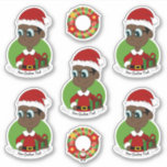 Niedlicher schwarzer Junge mit Brille Weihnachtskl Aufkleber<br><div class="desc">Set von sieben Vinyl-Aufklebern mit einer Illustration eines niedlichen kleinen,  glücklichen Afroamerikaners mit Gläsern,  der in Weihnachtskleider gekleidet ist und einen roten Weihnachtshut auf grünem Hintergrund trägt; fünf Aufkleber des Jungen und zwei Aufkleber mit einem Weihnachtskranz; mit einer anpassbaren Textvorlage für Ihren Namen oder Ihre Nachricht.</div>