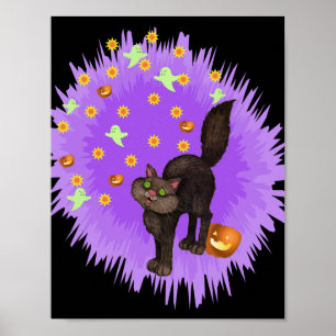 Niedlicher Schwarzer Katze Halloween Lila Star Bur Poster
