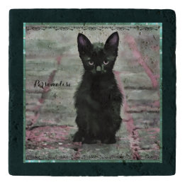 Niedlicher schwarzer Kitten Katzengrün Rosa Rustik Töpfeuntersetzer