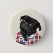 Niedlicher Schwarzer Mops Hund mit Brille und Karo Button (Vorderseite)