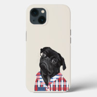 Niedlicher Schwarzer Mops Hund mit Brille und Karo