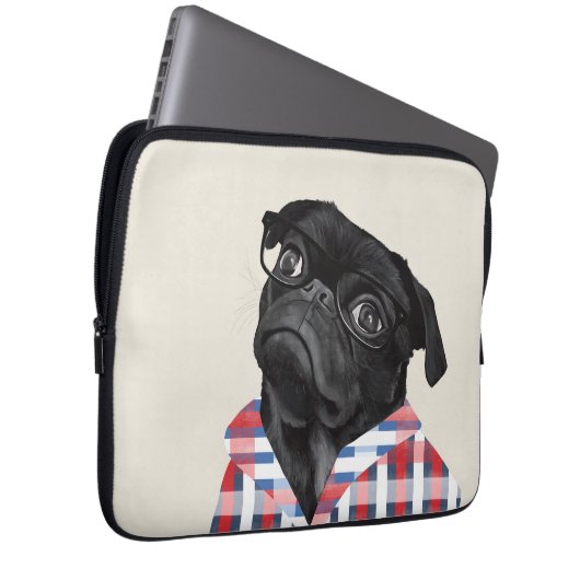 Niedlicher Schwarzer Mops Hund mit Brille und Karo Laptopschutzhülle (Vorne Rechts)