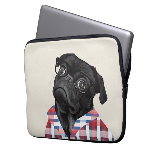 Niedlicher Schwarzer Mops Hund mit Brille und Karo Laptopschutzhülle (Vorderseite Links)