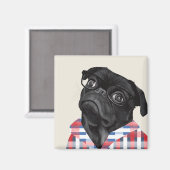 Niedlicher Schwarzer Mops Hund mit Brille und Karo Magnet (Vorderseite/Rückseite)