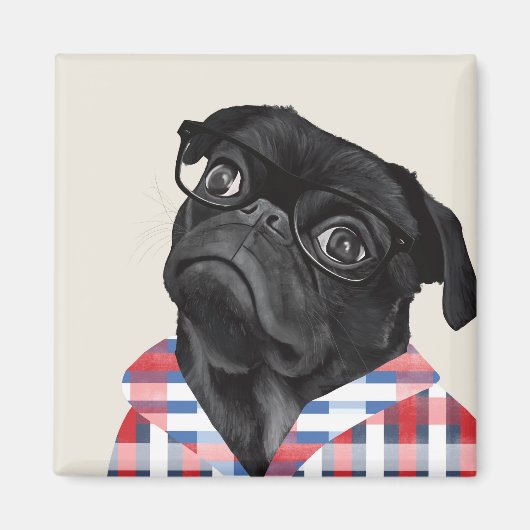 Niedlicher Schwarzer Mops Hund mit Brille und Karo Magnet (Vorne)