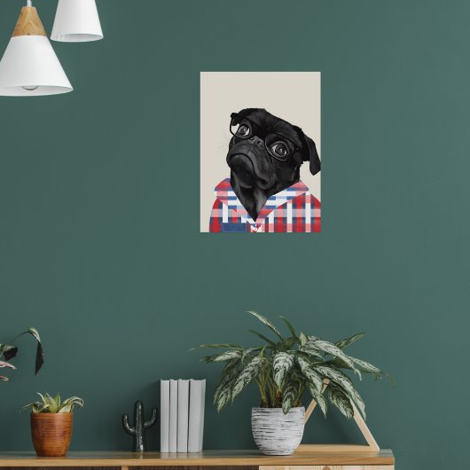 Niedlicher Schwarzer Mops Hund mit Brille und Karo Poster (Wohnzimmer 1)