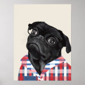Niedlicher Schwarzer Mops Hund mit Brille und Karo Poster (Vorne)