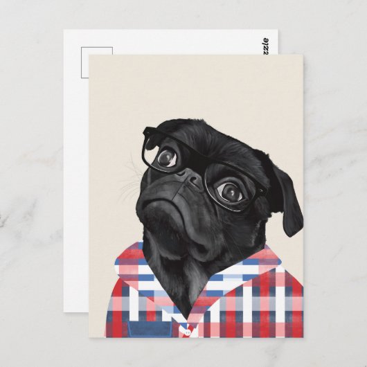 Niedlicher Schwarzer Mops Hund mit Brille und Karo Postkarte (Vorne/Hinten)