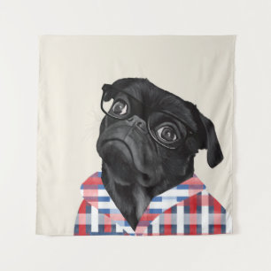 Niedlicher Schwarzer Mops Hund mit Brille und Karo Wandteppich
