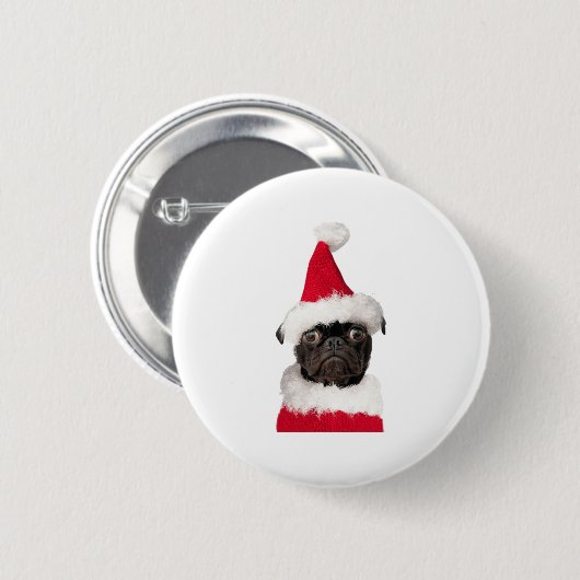 Niedlicher Schwarzer Mops in der Weihnachtsmannmüt Button (Vorne & Hinten)