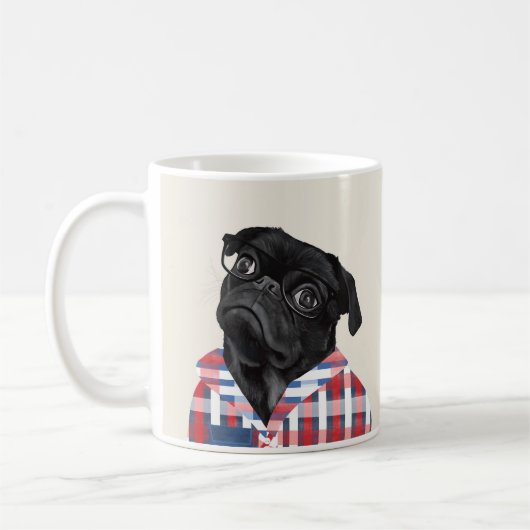 Niedlicher Schwarzer Mops mit Brille und Shirt Kaffeetasse (Links)