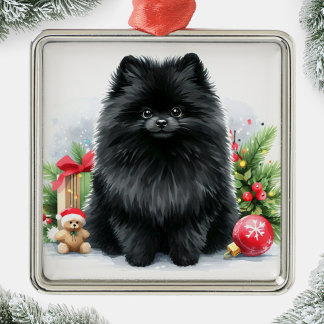Niedlicher Schwarzer Spitz Weihnachten Ornament Aus Metall