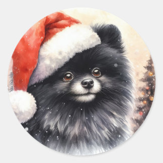 Niedlicher Schwarzer Spitz Weihnachten Runder Aufkleber