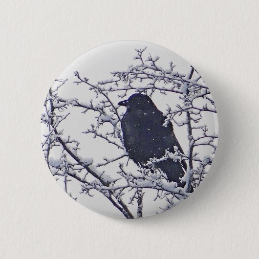 Niedlicher schwarzer Vogel in verschneiten Ästen Button (Vorderseite)