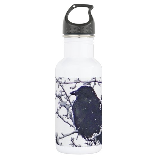 Niedlicher schwarzer Vogel in verschneiten Ästen Trinkflasche (Vorderseite)