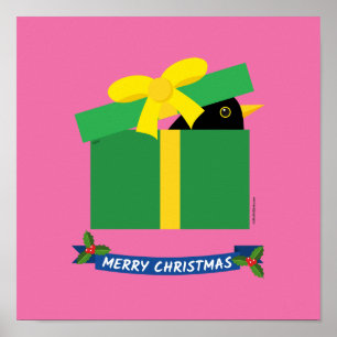 Niedlicher Schwarzvogel, der aus einer Geschenkbox Poster
