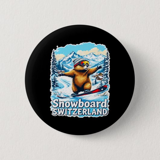 Niedlicher Schweizer Marmot Snowboarden Landschaft Button (Vorderseite)